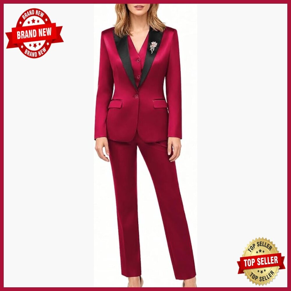 Slim Fit Satin 3-Piece Suit Set Blazer Vest Pants Wedding Party